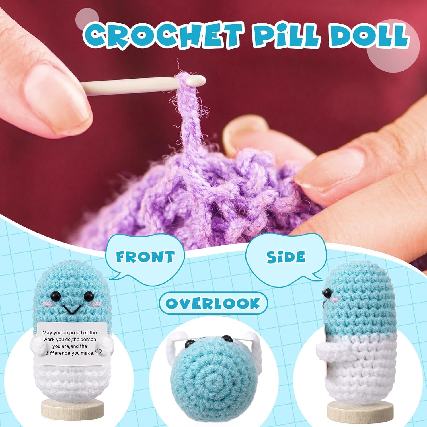 Nurse Gifts Pharmacist Pharmacy Crochet Pill Bottle Syringe Bandage Doll Nursing Appreciation Gift Thank You Inspirational Card for Women CRNA CNA RN LPN Decor(Pill,Blue) - Image 3