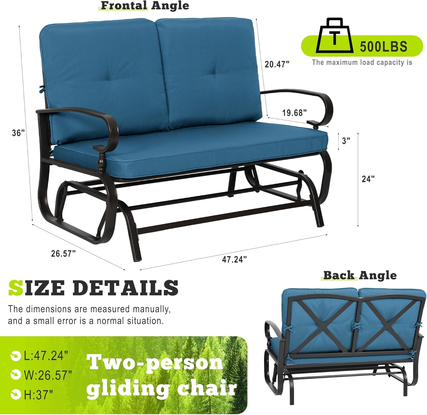 SUNCROWN Outdoor Swing Glider Chair, Patio 2 Seats Loveseat Rocking Chair with Cushions, Steel Frame Furniture - Peacock Blue
