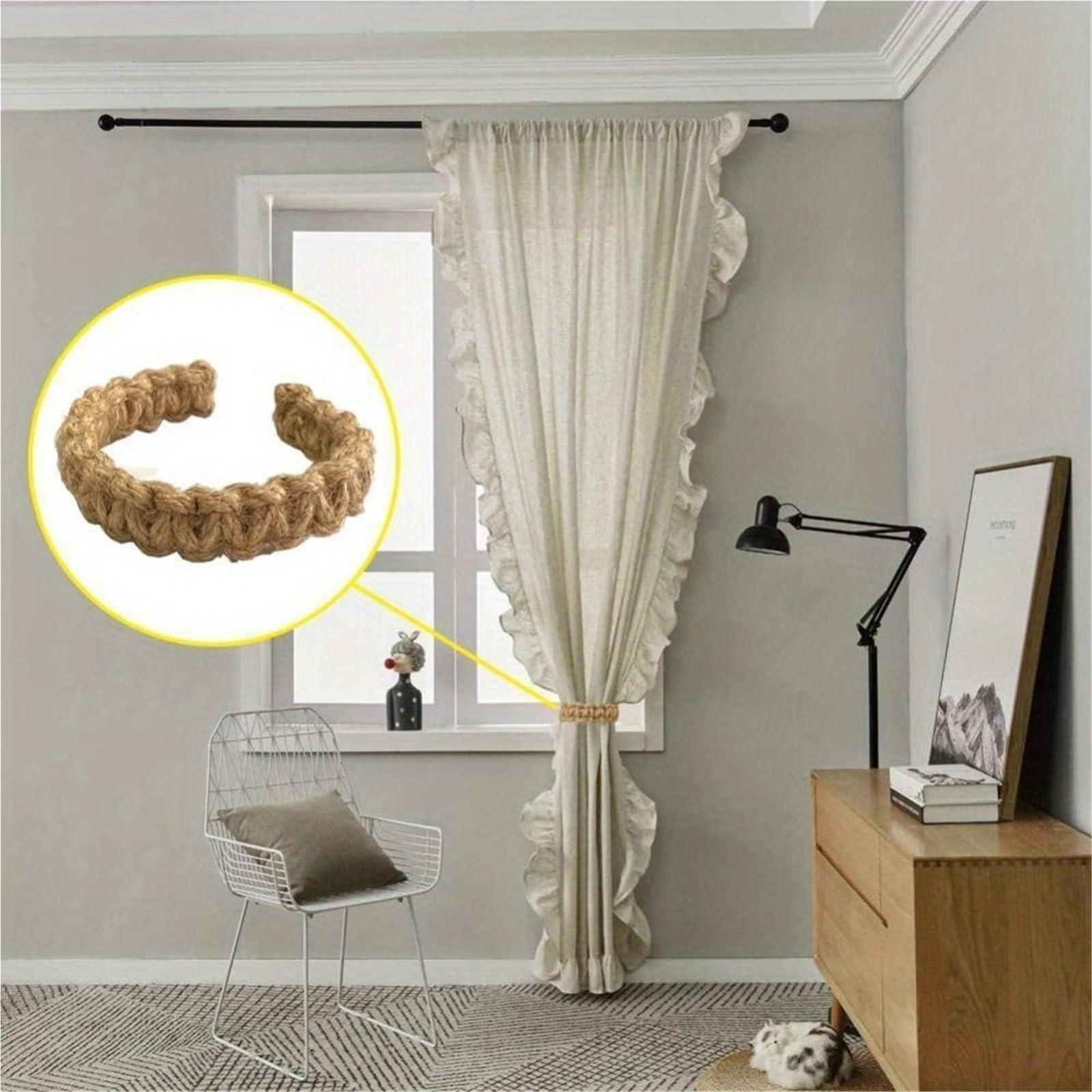 Embrasses de Rideaux en Corde Chanvre tissées à la Main, Support Rangement décoratif avec Plusieurs Crochets, décoration Chambre Coucher, Accessoire, 4 pièces pour Maison