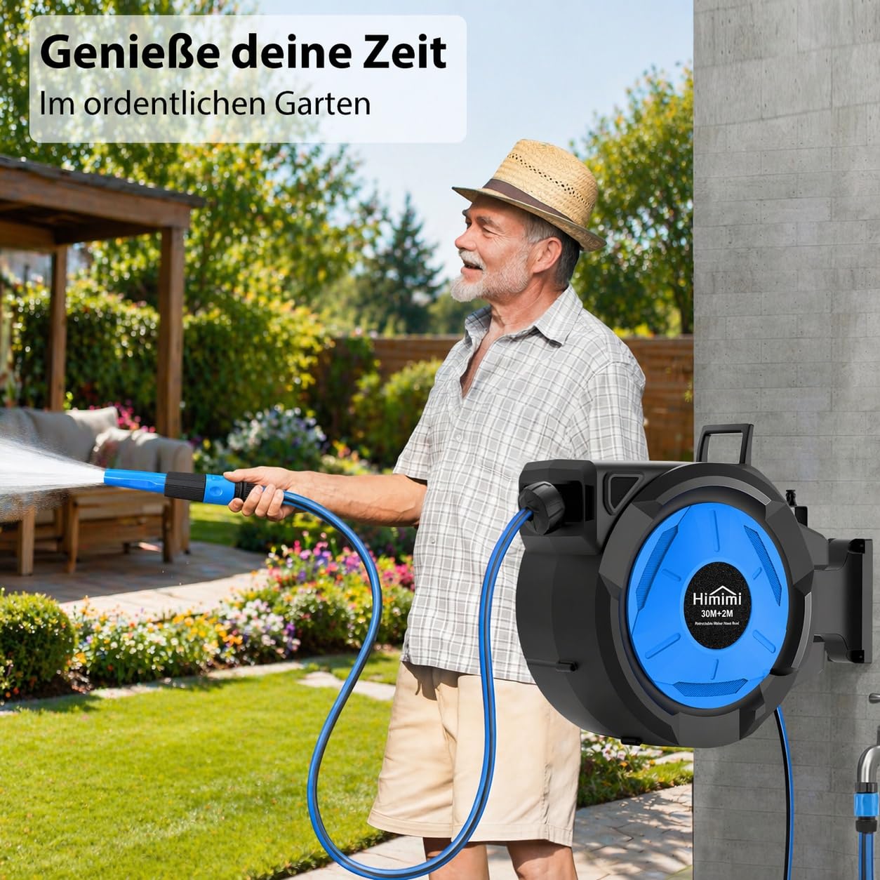 Himimi Ausziehbare Wand-Schlauchtrommel 30 m + 2 m 1/2 Zoll, automatischer Gartenschlauch mit langsamem Rückzug, stufenloser Arretierung, 180° Wandhalterung, UV- & frostbeständig für Garten & Terrasse
