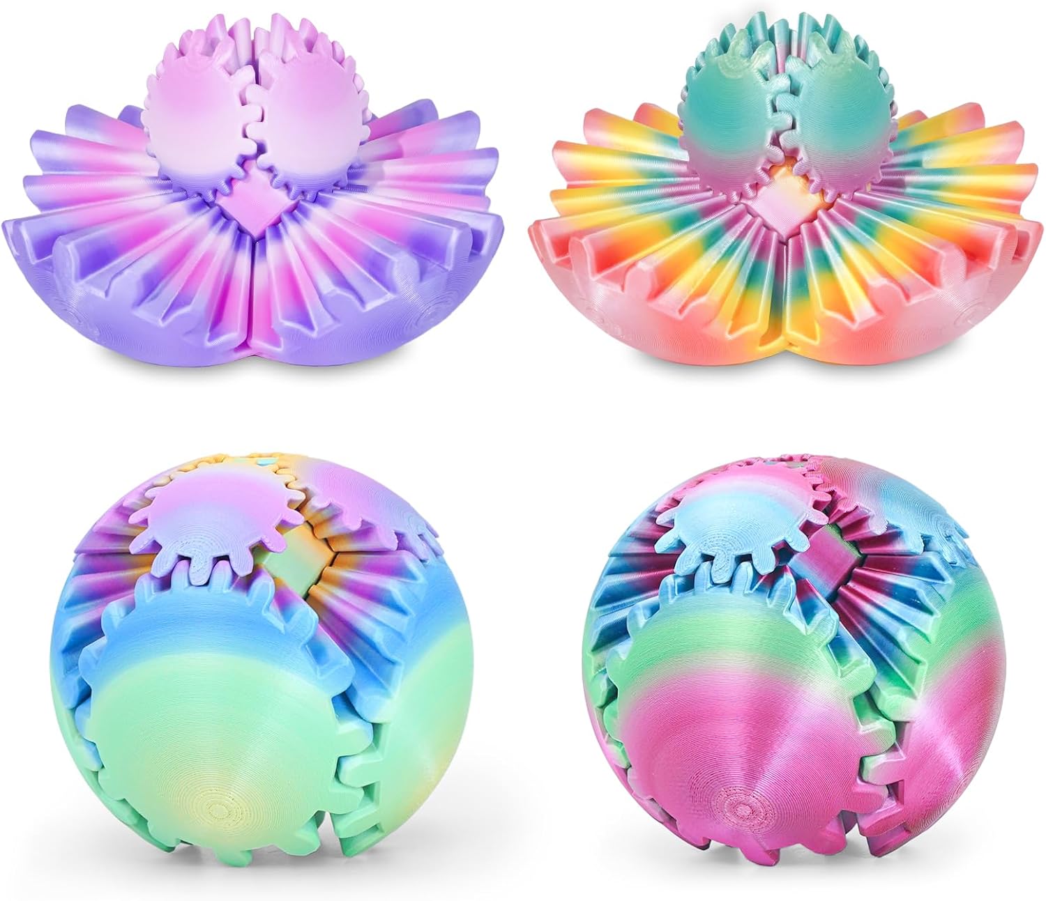 4 Pack Gear Ball Fidget Toys,3D Printed Stress Relief GearSphere Spin Cube for Adults & Kids, Anxiety Relieving Desk Toy Gifts (Multicolor SetB)
