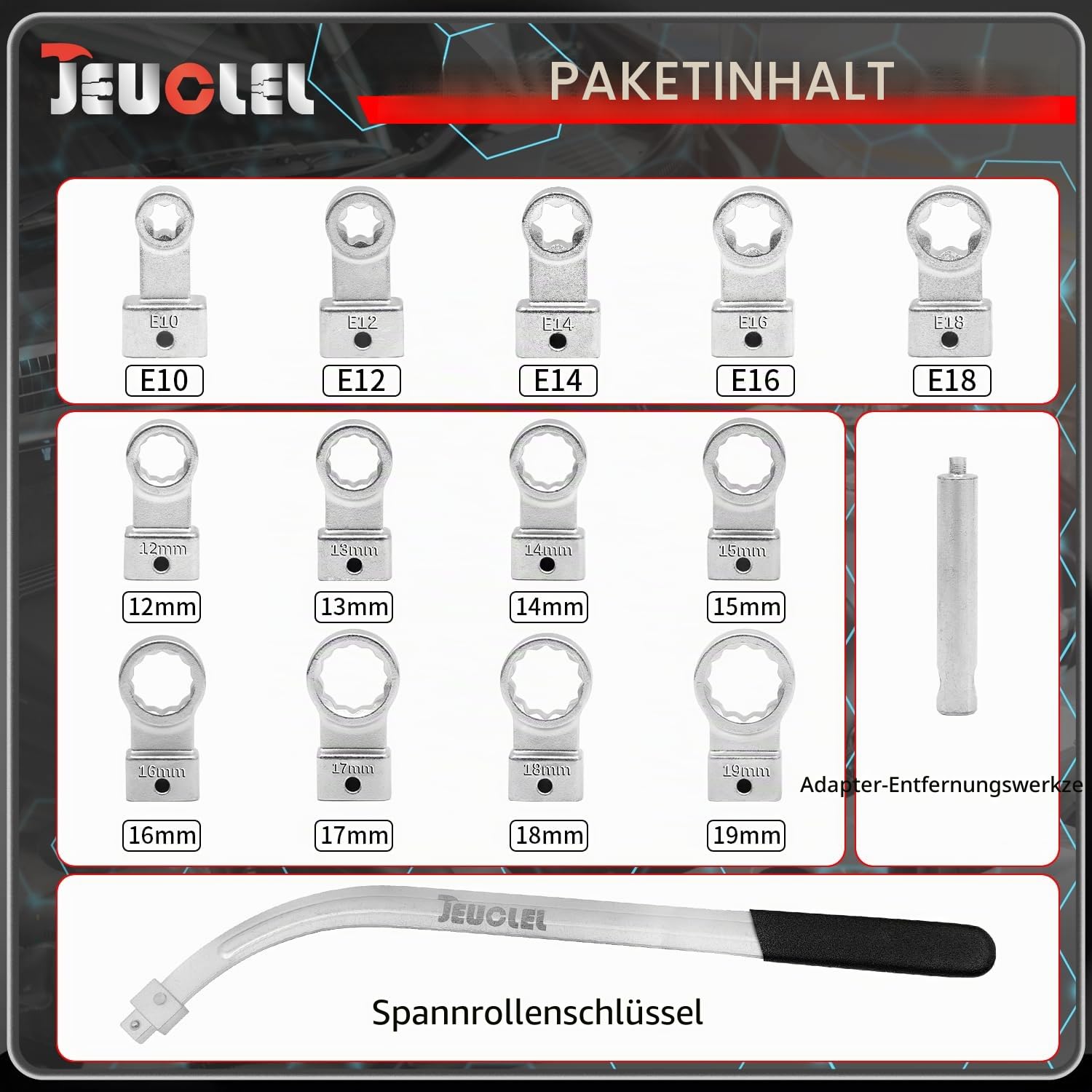 15-teiliges Universal-Hilfs-Riemenspanner-Riemen-Entfernungswerkzeug-Set, Serpentinriemen-Spannrolle, Schraubenschlüssel-Set, Motor-Zahnriemen-Spannmutter-Schraubenentferner