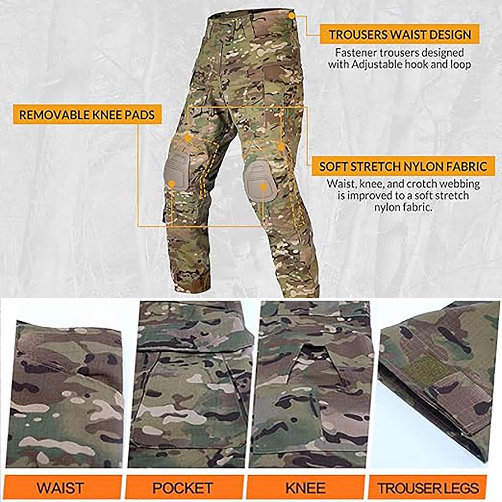HAZARA Airsoft Ropa Uniformes De Manga Larga Rip-Stop Airsoft Ropa con Coderas,Rodilleras Y Guantes De Combate Ideal para Paintball,Lucha,Caza,Camo-L