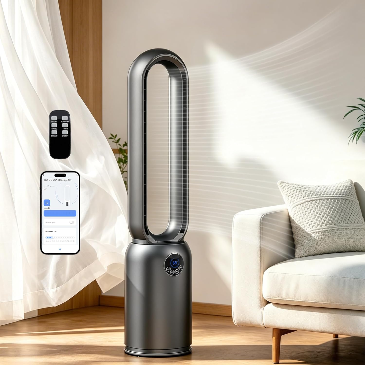 36" Smart Bladeless Tower Fan for Bedroom, 26ft/s Powerful Airflow Cooling Fan with APP & Remote Control, 24 Speeds, 90° Oscillation, 12H Timer, Quiet Standing Fan for Home Office (Dark Grey)