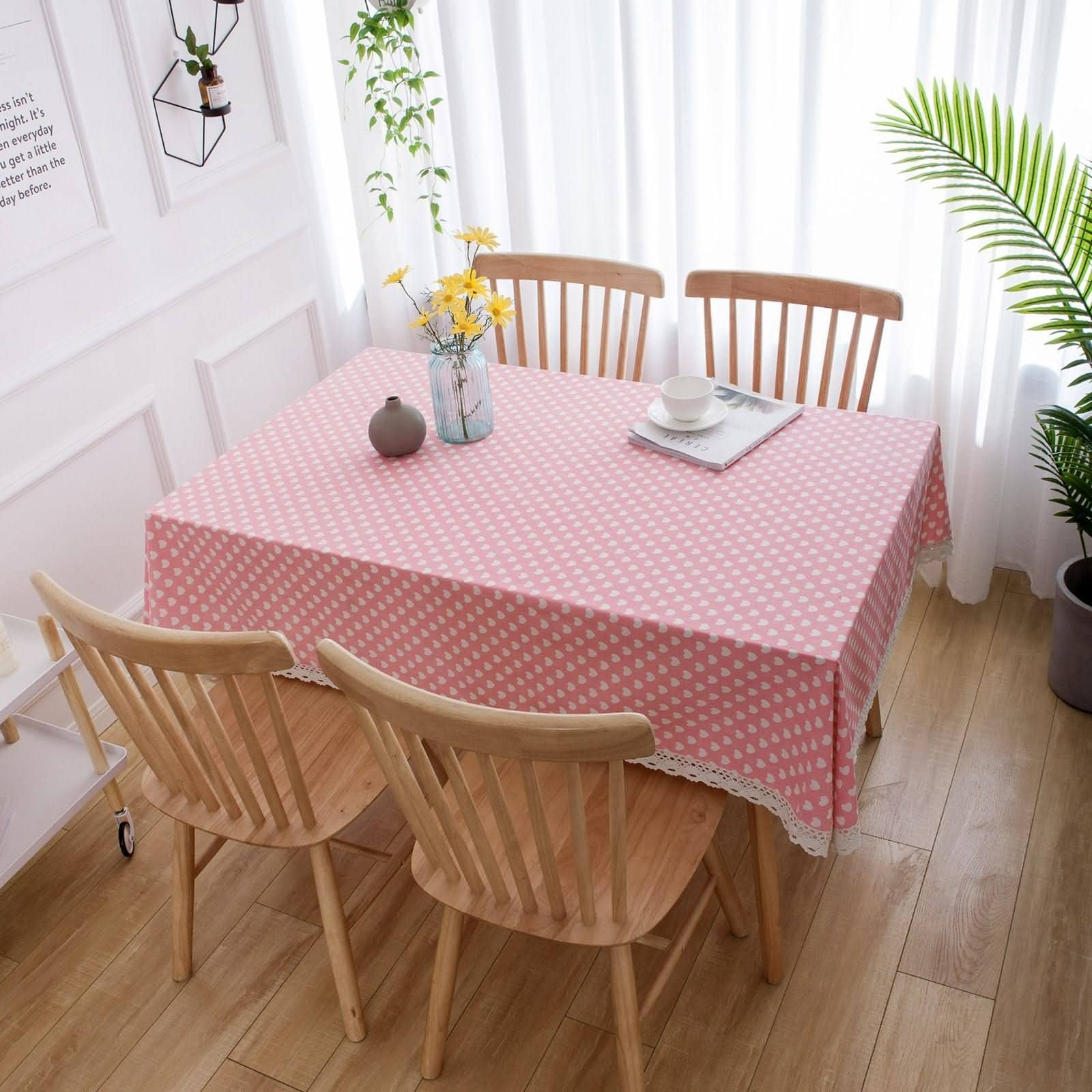 Mantel De Mesa Decorativo Mantelerias Tela Estampado Amor Rosa con Encaje Lavable Rectangular Manteles Algodon Rosado Sabana Protección Decoración 140X250Cm