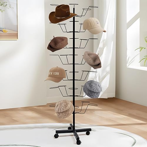 uyoyous Perchero giratorio de 7 niveles con ruedas  Árbol de sombreros móvil de 360 para gorras, pelucas y sombreros  Organizador de exhibición de