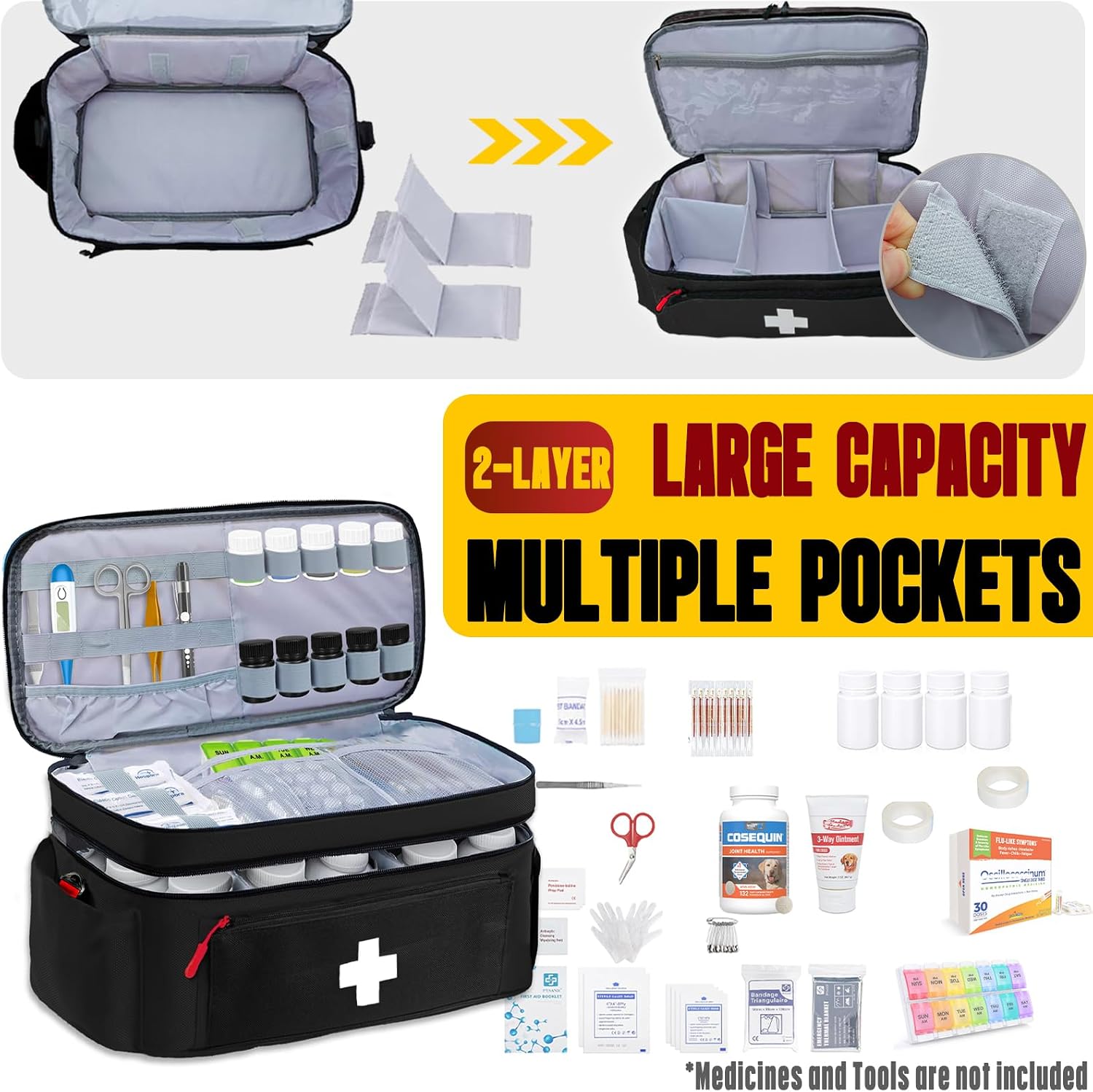 2-Layer First Aid Bag Empty 15¾”x 9½”x7” Medical Bag Large Pill Bottle Box Portable Emergency Bag for Outdoor Travel & Home Use, Medicine Kit Organizer Case with Shoulder Strap (Black) image 4