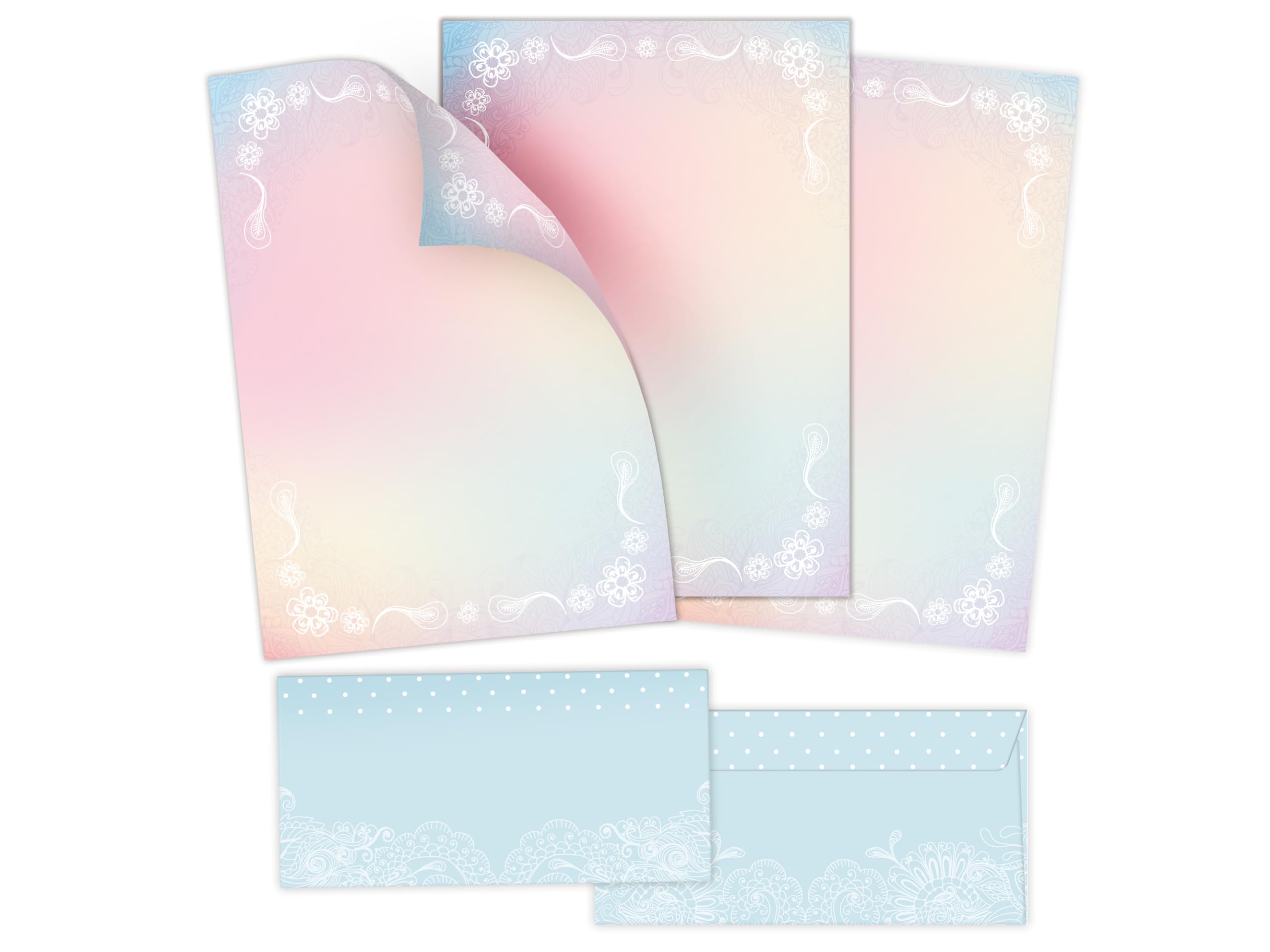 Briefpapier-Set 250 Druckerpapier DIN A4 + 250 Umschläge DIN-lang haftklebend Motiv Blumen beidseitig beschriftbar und bedruckbar für Frühlingspost Ostern Taufe Kommunion Konfirmation Basteln