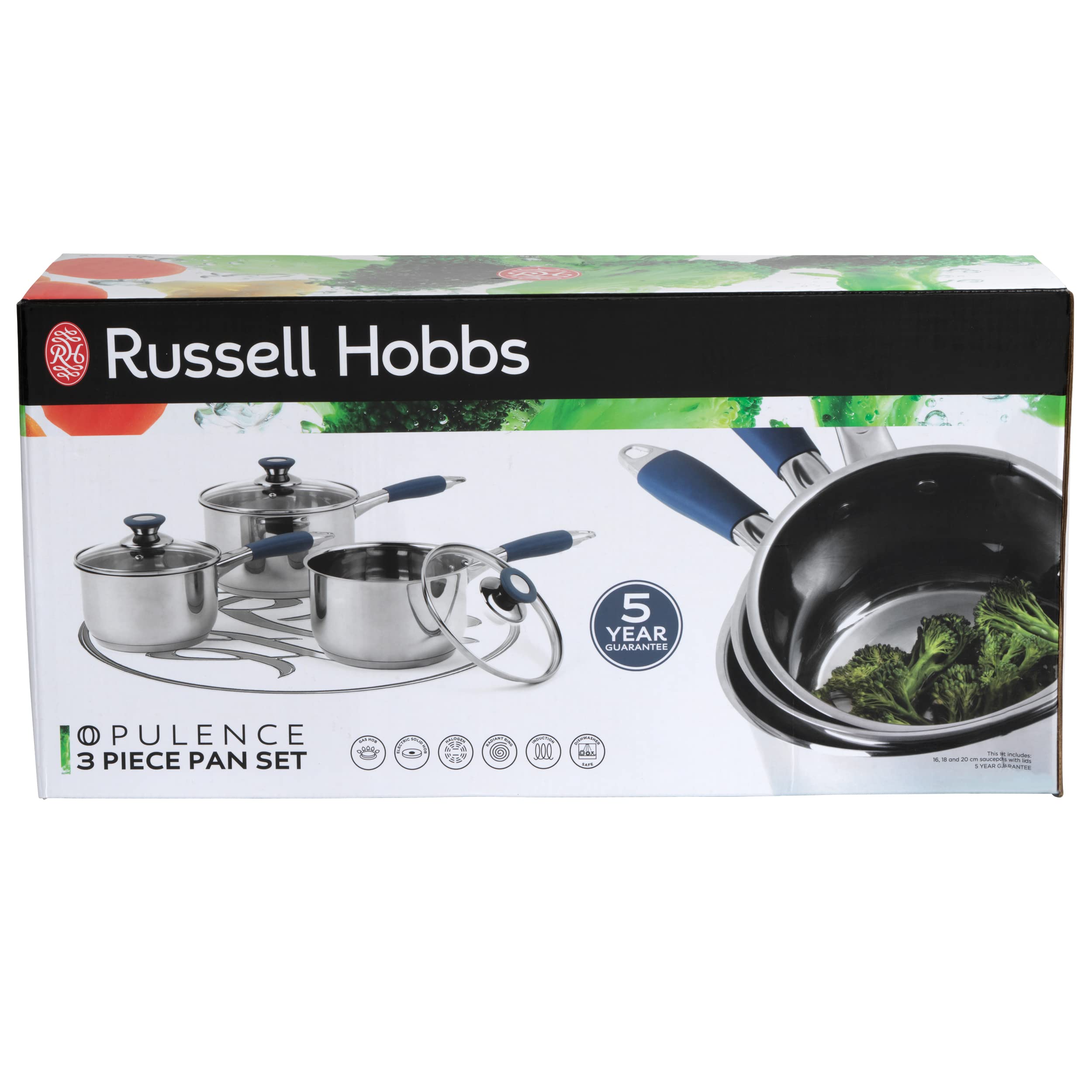 Russell Hobbs® RH01178EU - Batteria di casseruole in acciaio inossidabile da 3 pezzi | 16/18/20 cm | Con coperchi in vetro temperato