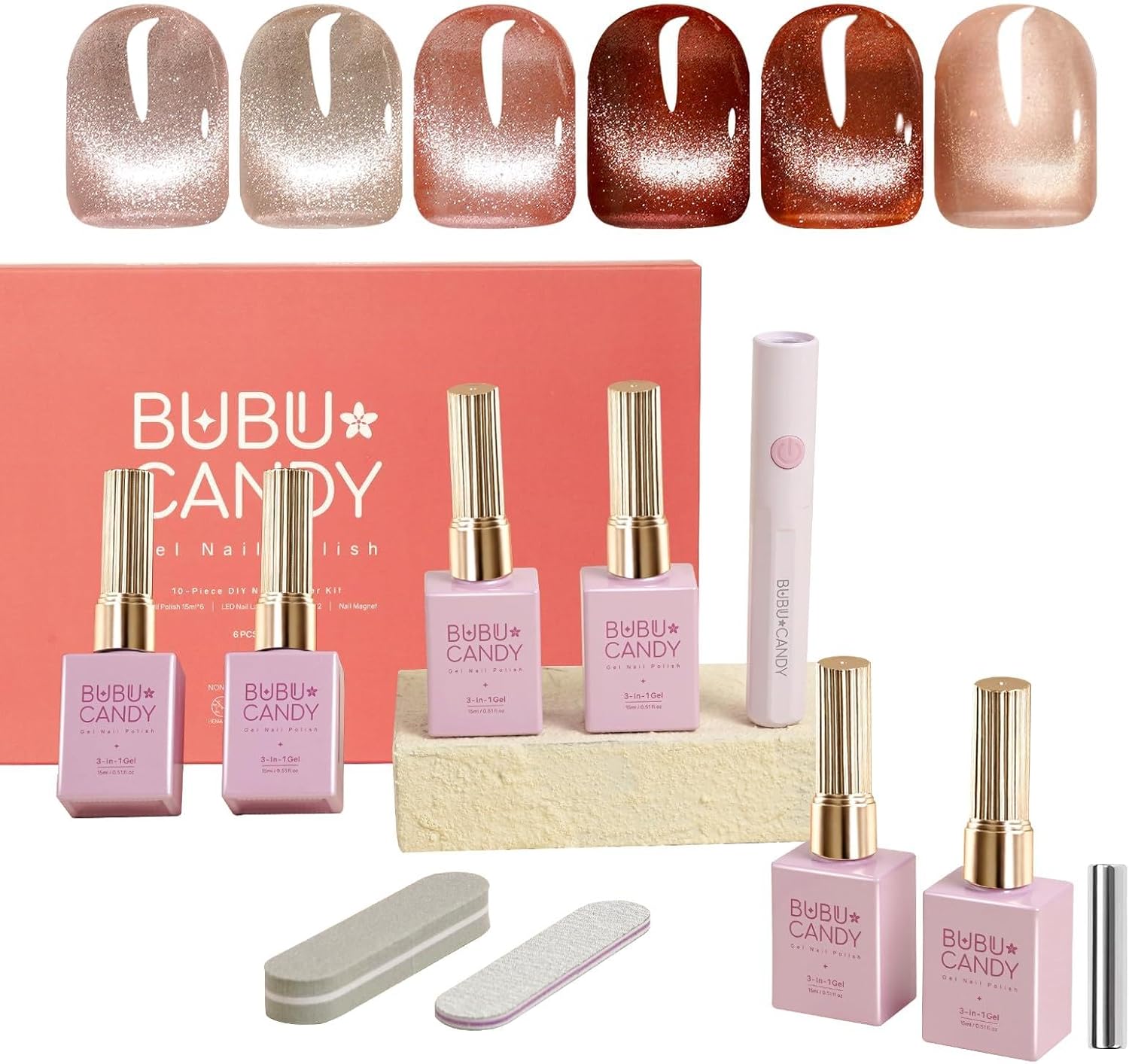 BUBU CANDY 6Pcs One step Cateye Gel Nail Polish Set Valentine's Day gift DIY at home are Gold Brown Yellow For Holiday Party Sparkle Manicure Kit Soak off Uv Nail Art Design Gifts for Women