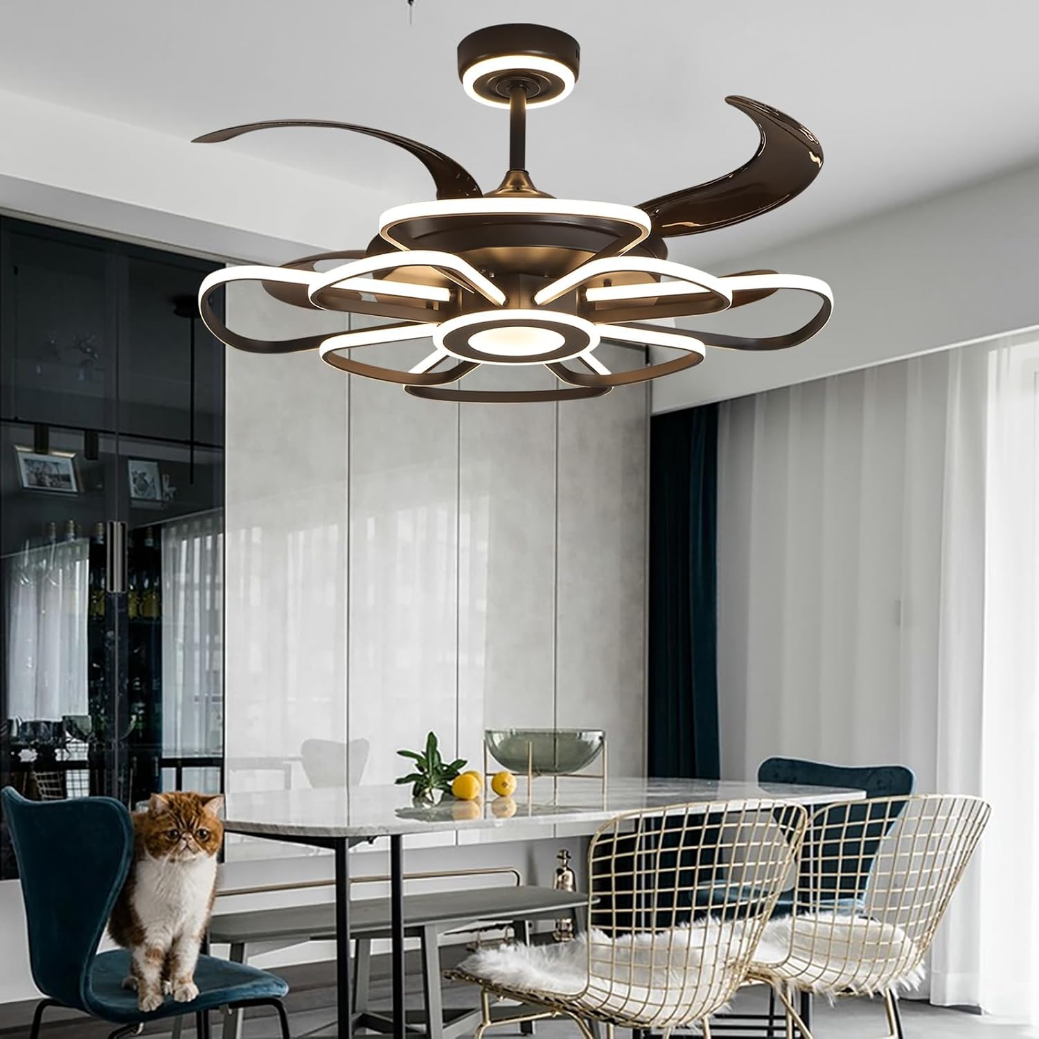 48 Inch Ceiling Fan with Light Chandeliers Fixture Dimmable with Remote Control DC Motor 6 Speeds Fans, Retractable Blades Fandelier for Living Room Bedroom Office Study Room (Black)