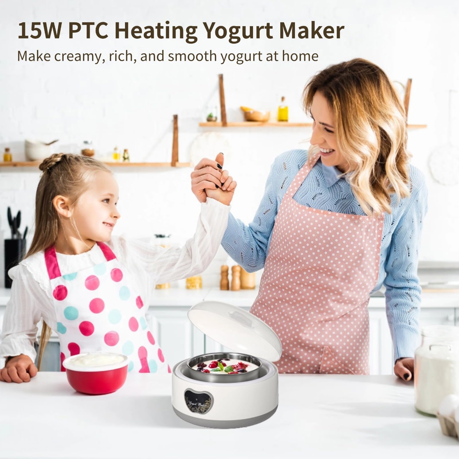 Máquina para hacer yogurt de 15 W, máquina automática de yogur de acero inoxidable de 1,2 L con 5 tarros de vidrio de sellado hermético, temperatura constante automática, calefacción PTC, máquina de