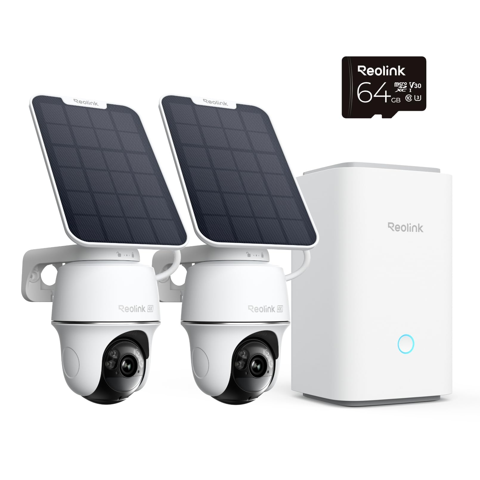 Reolink 4K PT Solar Überwachungskamera Aussen Set Outdoor Akku mit Home Hub, 360° Schwenkbare, Farbnachtsicht, Lokaler Speicher, Ohne ABO-Gebühren, Argus PT Ultra 2-Kamera-Set, mit Solarpanel