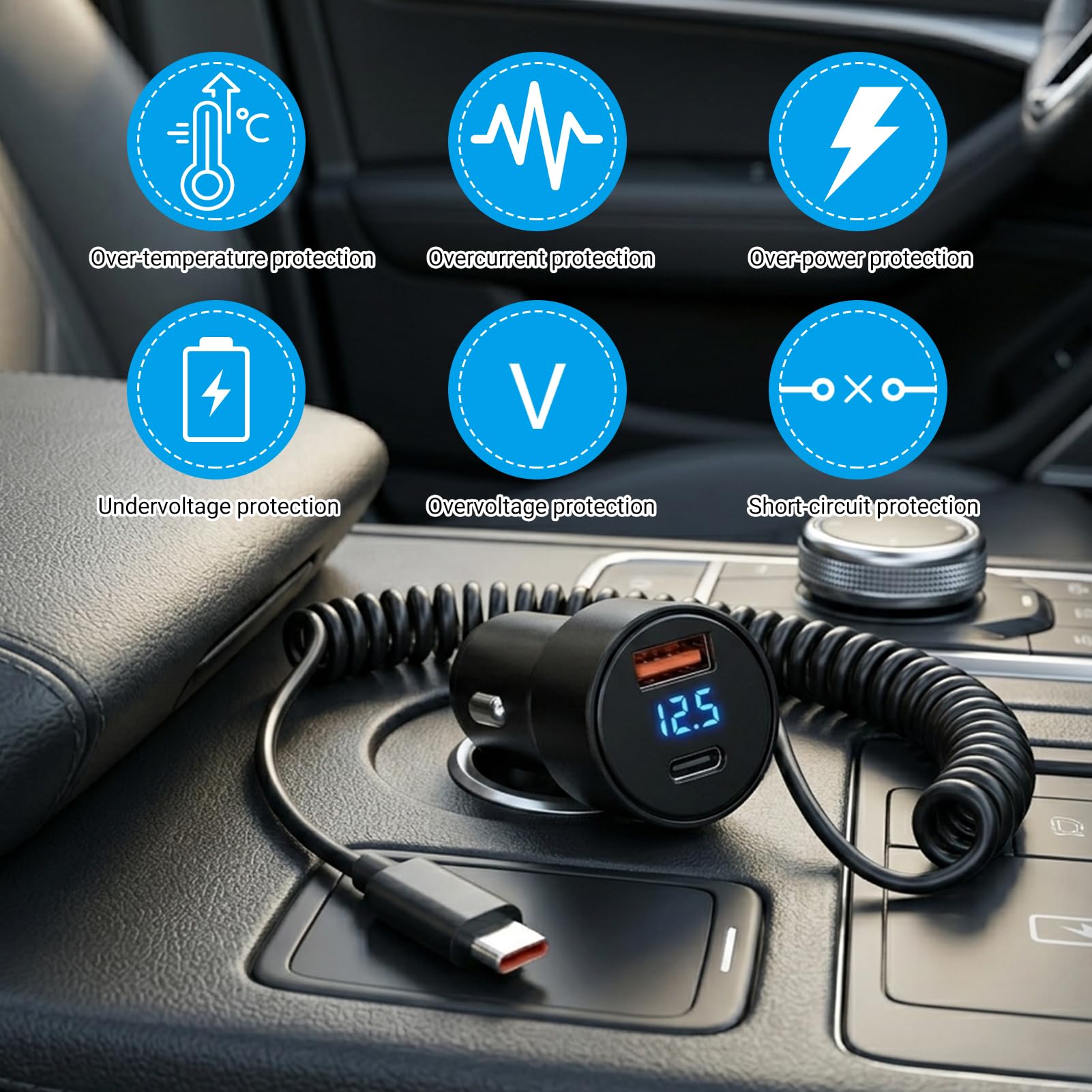 Caricatore per auto ricarica rapida 100 W con cavo USB C a spirale 1,5 m integrato, caricatore accendisigari auto con USB C PD e USB A QC3 0, caricatore auto USB C universale 12 V 24 V