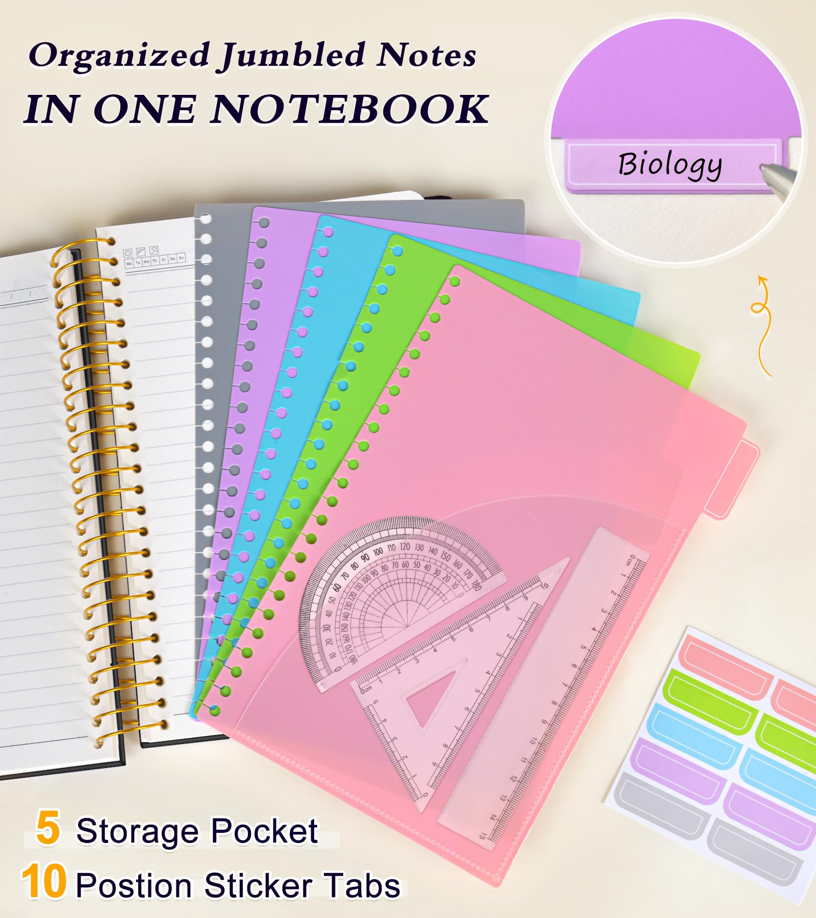 Cuaderno de 5 asignaturas a rayas con pestañas divisoras de bolsillo extraíbles, cuaderno en espiral de 240 páginas de 8.5 x 11 pulgadas, cuaderno rayado para mujeres, cuadernos de tapa dura para el