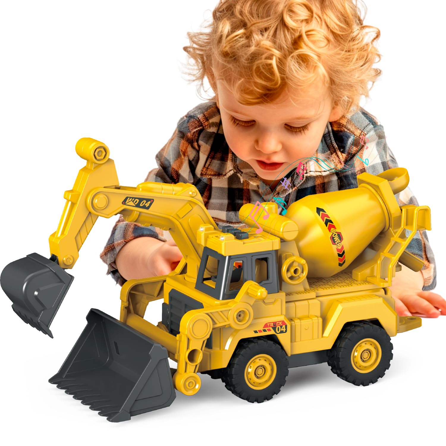 3-in-1 Construction Truck Toy, Excavator & Bulldozer & Cement Mixer, Working Digger Arm, Front Push Blade & Rotating Mixing Drum, Inertia-Powered Push-and-Go, Sandbox Vehicle for Boys Girls Age 3+ — image 1