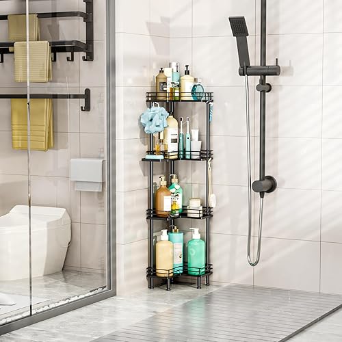 Miniatura 7 de HapiRm Organizador esquinero para ducha, estante de ducha de 4 niveles con soporte para jabón, organizador de pie de baño a prueba de óxido con 4