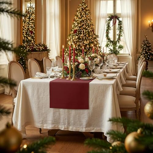 Miniatura 2 de D'Moksha Homes Camino de mesa de lino de 14 x 90 pulgadas, camino de mesa de lino 100% puro, color rojo oscuro, lavable a máquina, para el 4 de julio