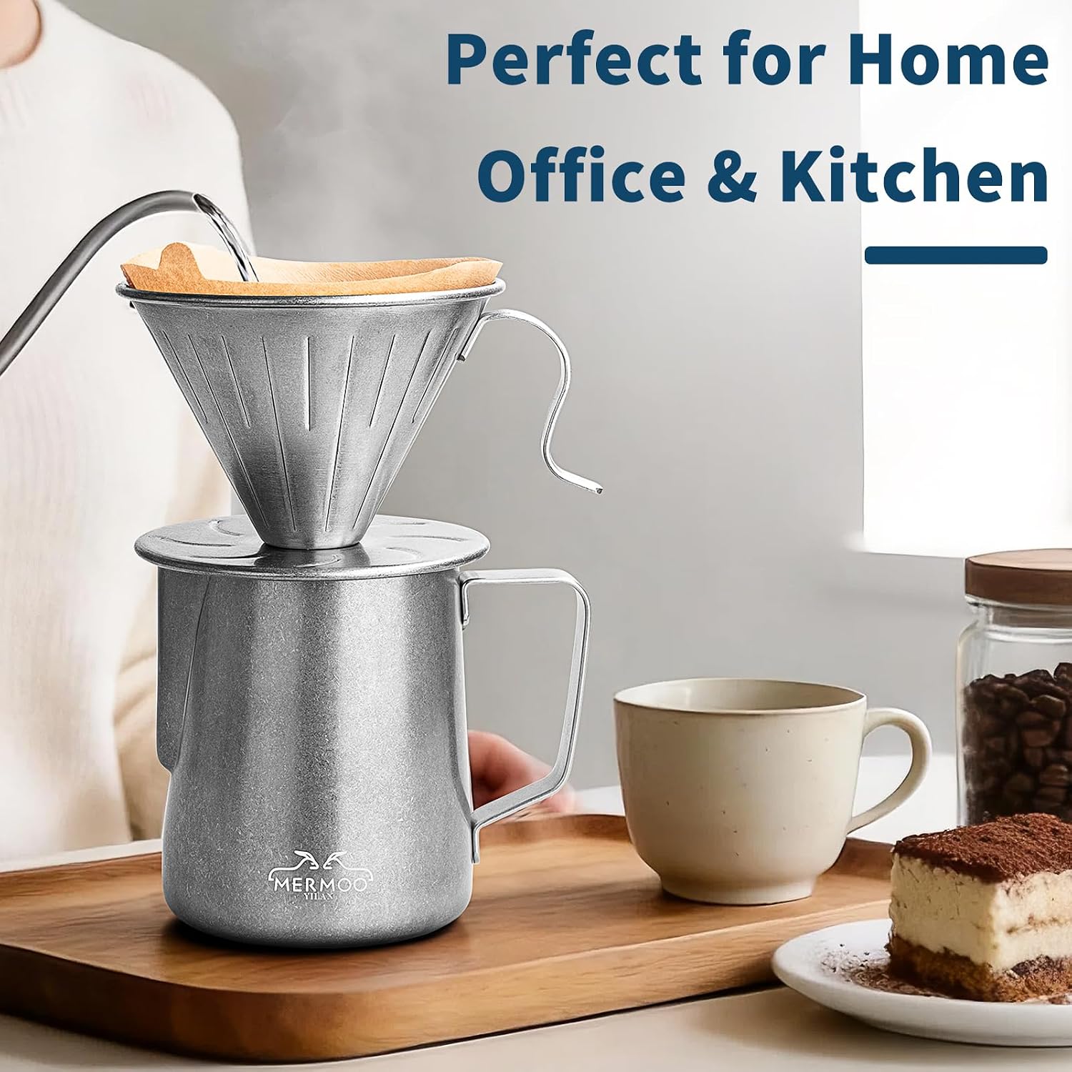 MERMOO YILAN Pour Over Coffee Maker Stainless Steel Large Hole Dripper with 600ml Coffee Server Set 1-4 Cups Coffee Gear for Home, Outdoor,Travel,Camping