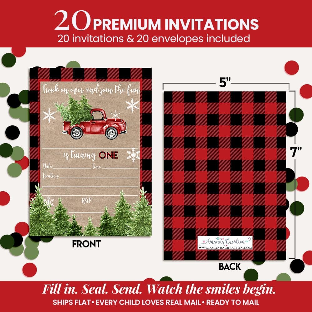 Winter Lumberjack 1st Birthday Party Invitations for Boys, 20 5x7 Fill In Cards with Twenty White Envelopes by AmandaCreation