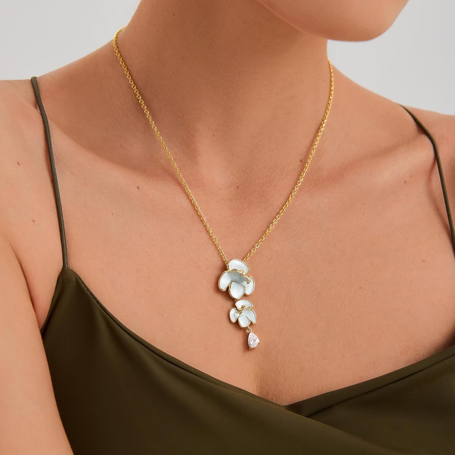 Cicy Bell Floral Pendant Necklace for Women Trendy 18k Gold Plated Boho Enamel Blue Flower Cubic Zirconia Dainty Long Y Necklace Jewelry Gifts