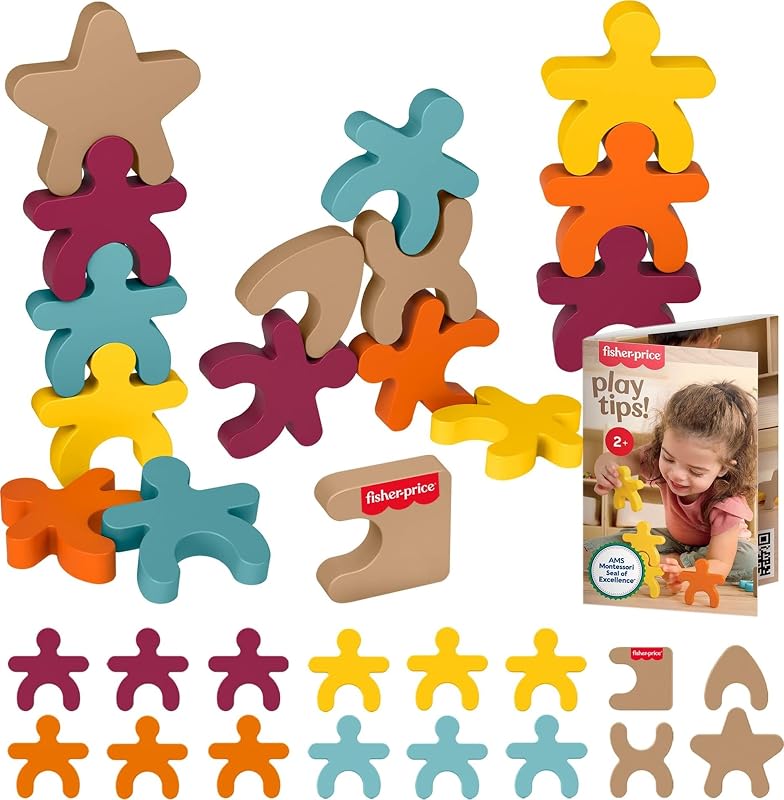Wood Montessori Stacking Shapes Learning Activity | 16 Wooden Pieces + Expert Play Tips, American Montessori Society Seal of Excellence, Kids Ages 2+ Years