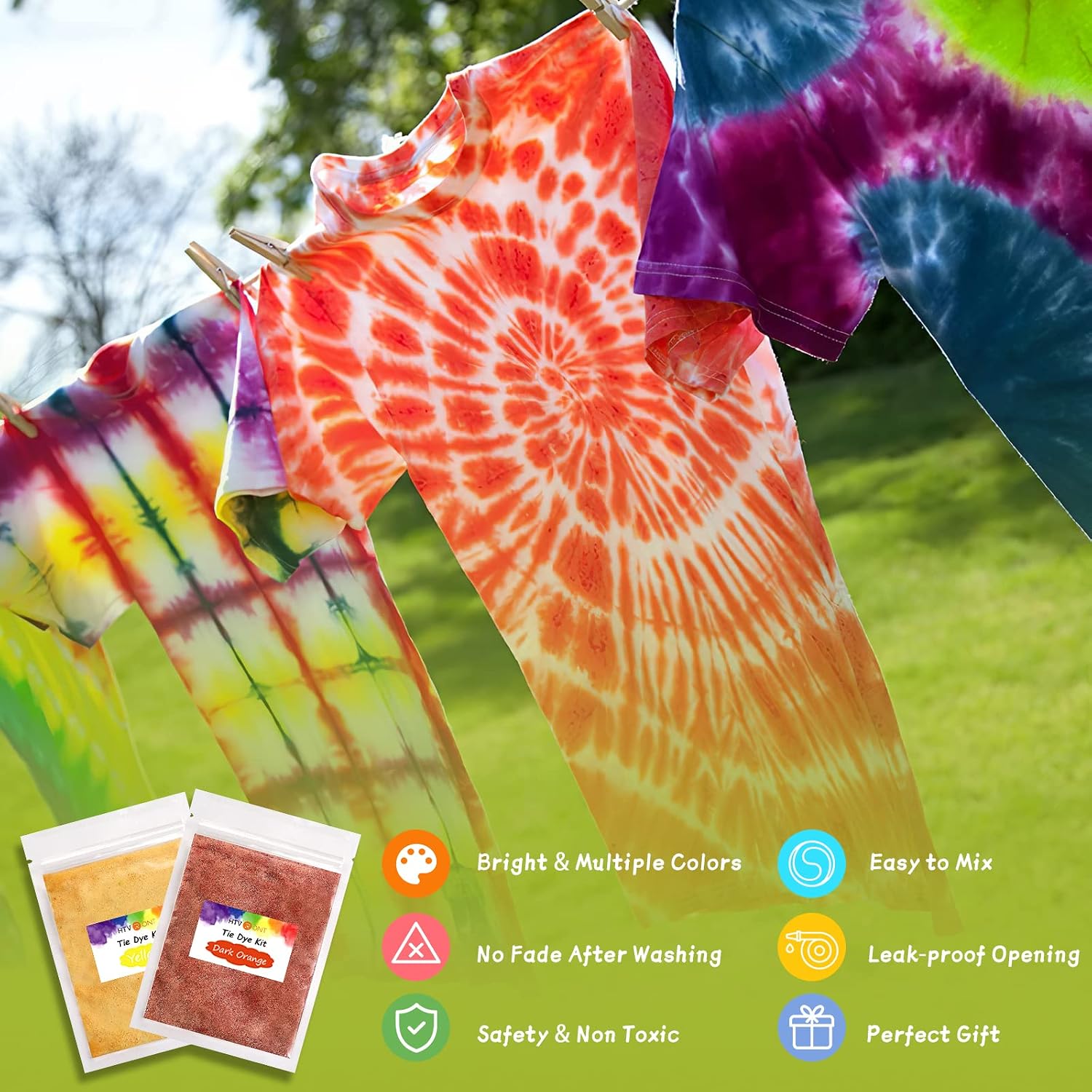 HTVRONT Tie Dye Powder - 8 Colors 160g/5.6oz Tie Dye Refill Powder Packets, Non-Toxic Tye Dye for Kids Adults, Fabric Tie Dye Powder Bulk for Shirts, Clothing, Group, Festival Designs