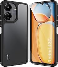 Case for Xiaomi Redmi 13C 4G (6.74 Inches) Cover + Screen Protector Tempered Glass, Silicone Soft TPU Bumper Transparent Back Protective Case – Black