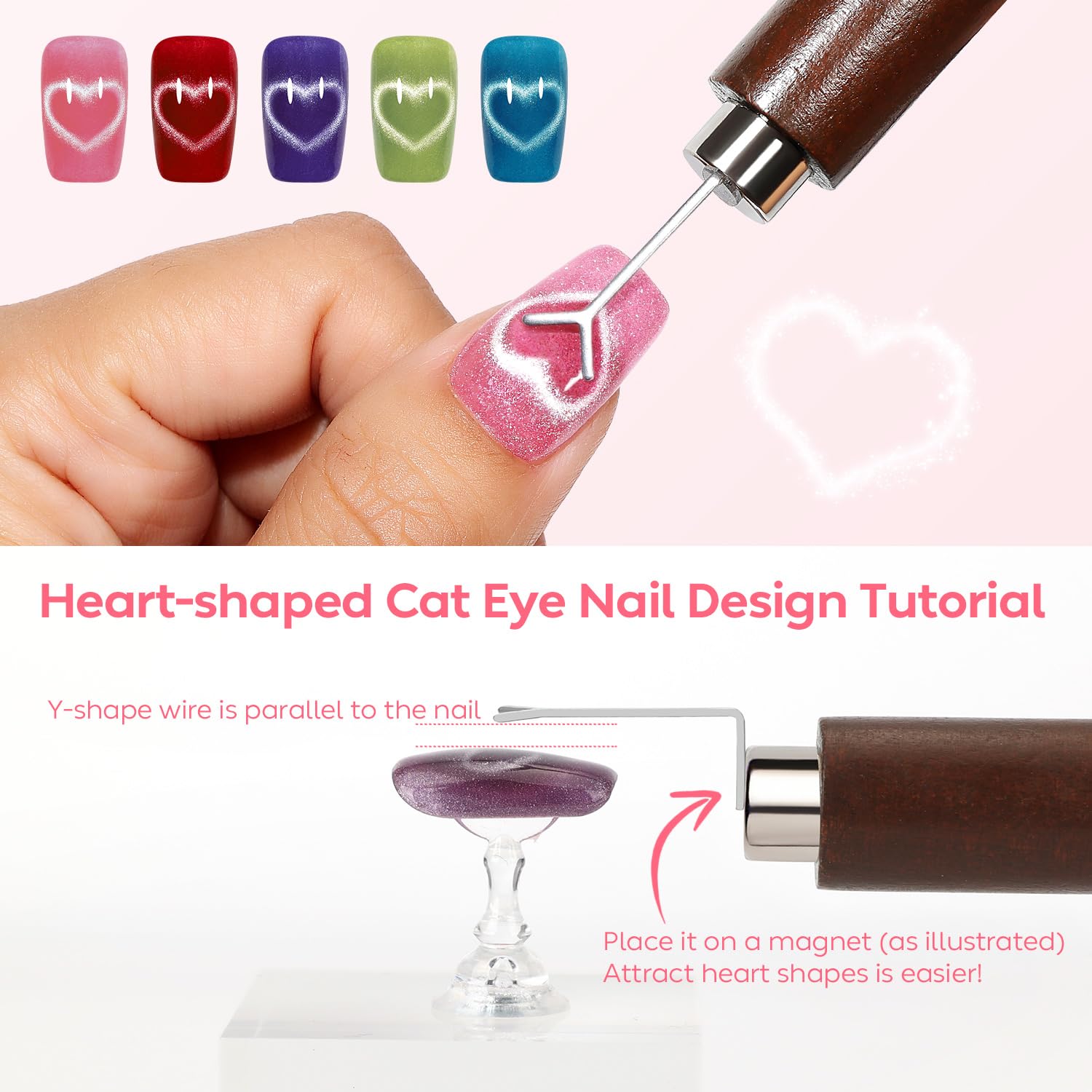 AIMEILI Cat Eye Magnet Set for Nail Art - Strong Magnets with 3 in 1 Wooden Handle Nail Magnet, Flower, French & Heart Star Designs for Cat Eye Gel Polish, DIY Manicure Tools for Salon & Home Use