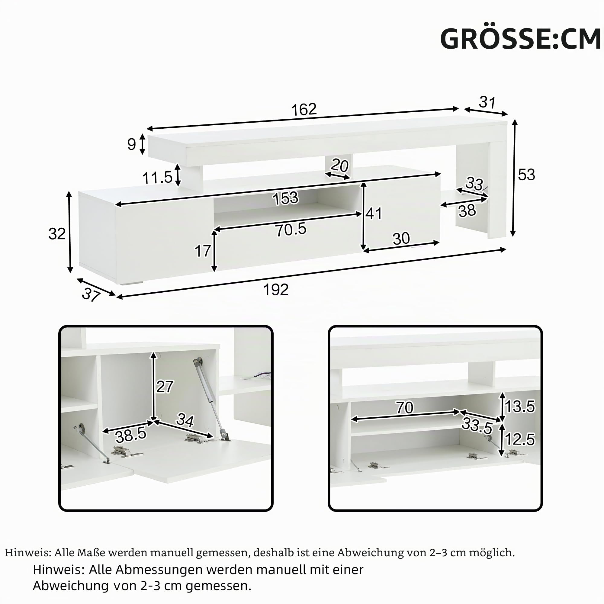 Merax TV-Schrank Weiß, TV Lowboard Hochglanz, mit LED-Beleuchtung, 192cm lang Fernsehtisch für 85 Zoll Fernseher, Moderne TV Bank aus Holz mit Drei Klapptüren, offene Regale, TV-Kommode für Wohnzimmer