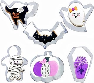 6 PCS Halloween Cookie Cutters Molds Pumpkin, Ghost, Coffin, Bat, Cat, Mummy Cookie Cutters with Decorating Instructions, ...