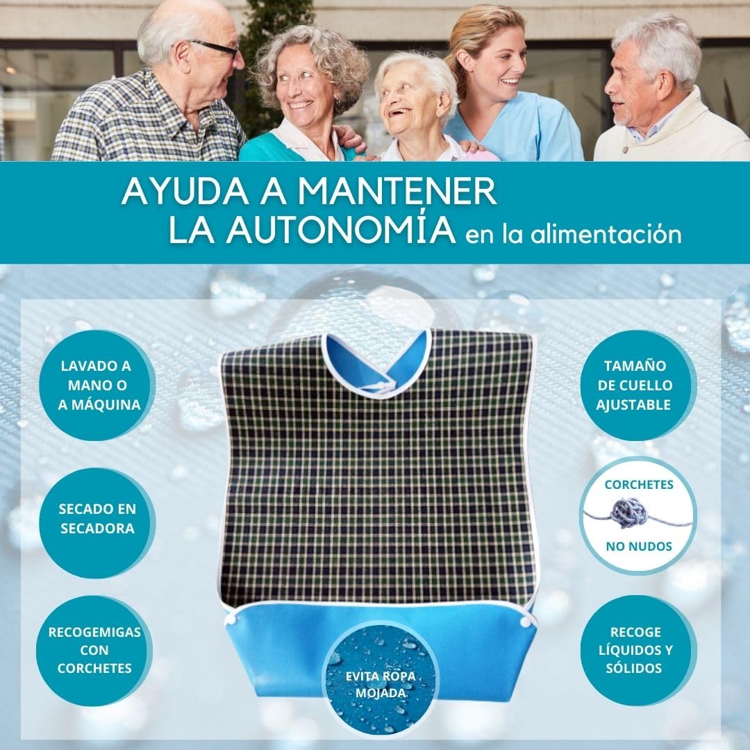Pack Baberos Adultos Gran Tamaño| Babero Adulto Impermeable | Cierre Ajustable Con Corchetes | Con Recogemigas | Reutilizable y Lavable A Máquina | Cómodo Para Personas Mayores