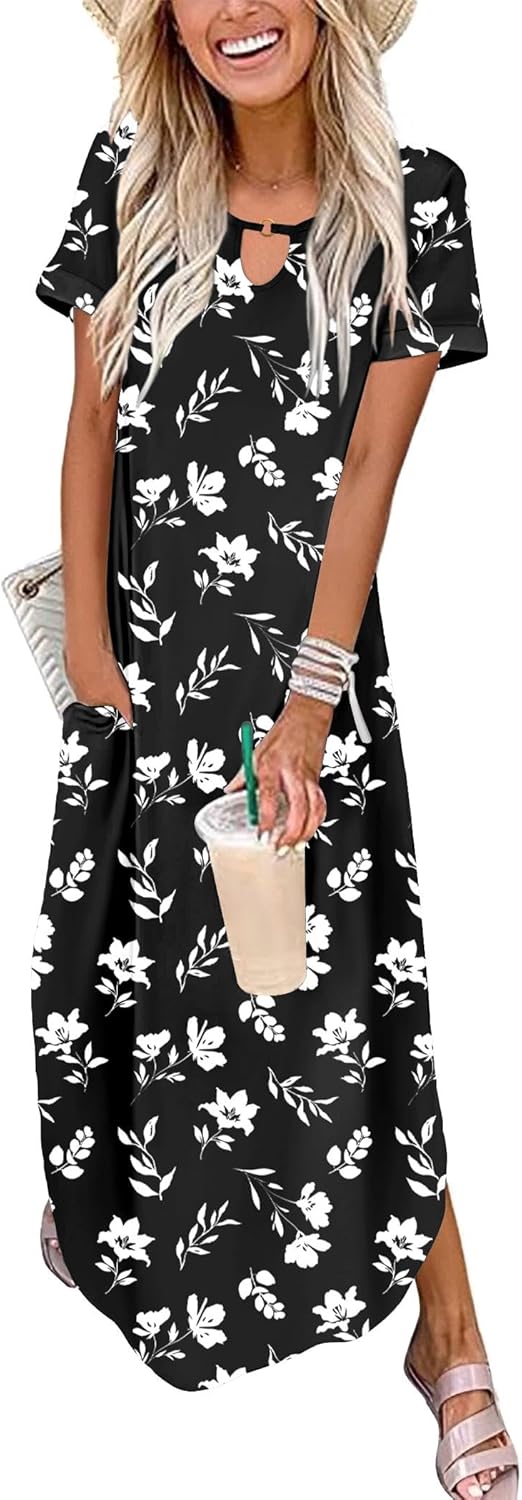 Zeagoo Womens Maxi Summer Dress with Pockets Casual Short Sleeve Sundress Trendy 2026 Curve Hem Long Dress