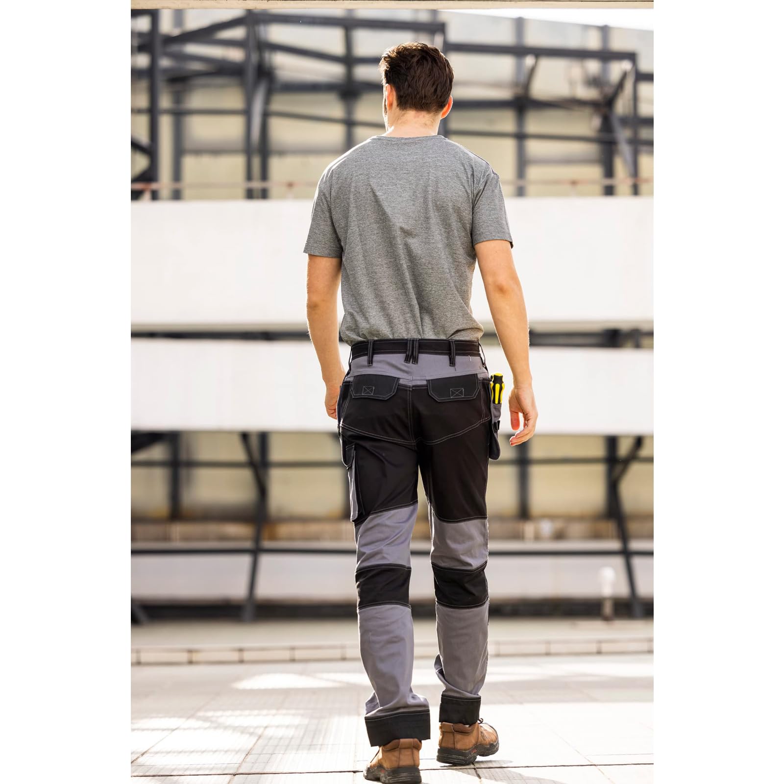 WORK IDEA Pantalón de Trabajo de Hombre, Bolsillos en Las Rodillas Oxford, pantalón de algodón elástico