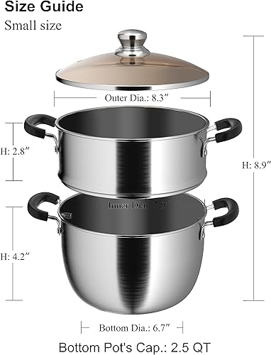 Miniatura 2 de VENTION Vaporizador pequeño para verduras de 7.9 pulgadas, vaporizador de acero inoxidable de 5 capas de grosor para cocinar, olla de vapor de 2.5