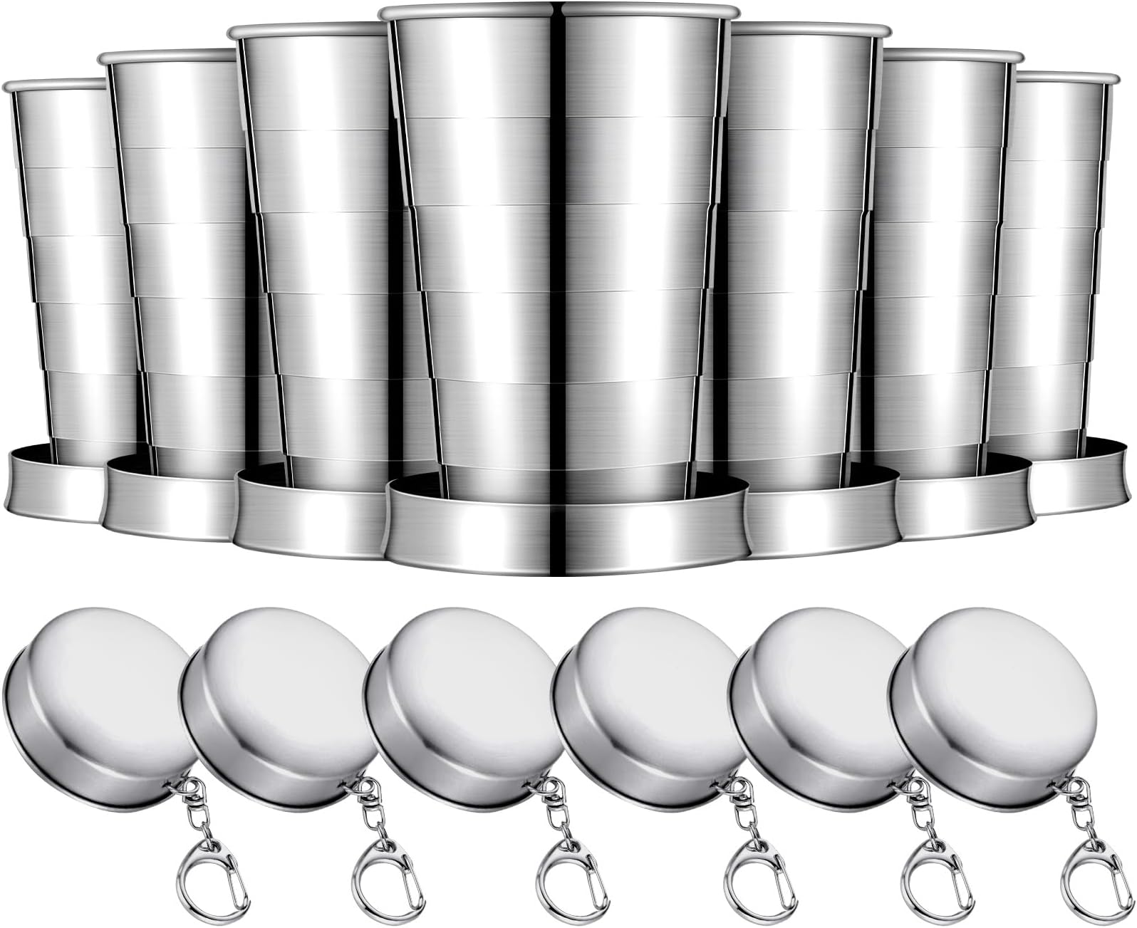 Tessco for you 6 Pieces Collapsible Shot Glasses Stainless Steel Collapsible Cup Reusable Portable Travel Folding Cup with Lid and Keychain for Camping Hiking Cycling(2.5 oz)