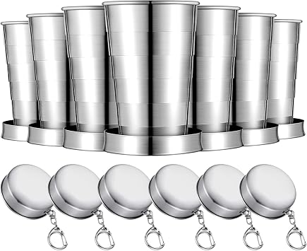 Tessco for you 6 Pieces Collapsible Shot Glasses Stainless Steel Collapsible Cup Reusable Portable Travel Folding Cup with Lid and Keychain for Camping Hiking Cycling2.5 oz