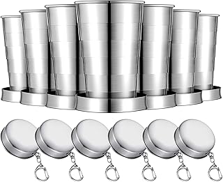 Tessco for you 6 Pieces Collapsible Shot Glasses Stainless Steel Collapsible Cup Reusable Portable Travel Folding Cup with Lid and Keychain for Camping Hiking Cycling(2.5 oz)