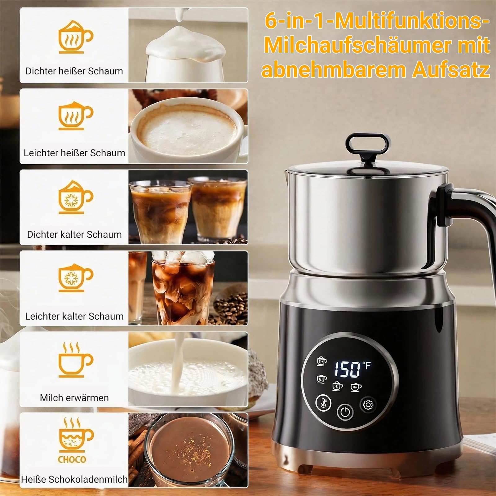 Milchaufschäumer Elektrisch 6-in-1-800ml Automatischer Milchschäumer für Heiße & Kalte Schäume, Spülmaschinengeeignet, Abnehmbares, Leise, für Hafermilch, Sojamilch, Latte, Cappuccino, Schwarz