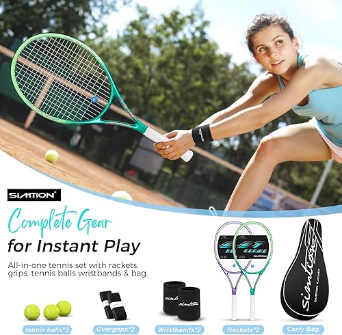 Miniatura 2 de Juego de raquetas de tenis de 27 pulgadas, raquetas de tenis preencordadas para 2 jugadores para adultos, 2 cintas de sobreagarre, 3 pelotas, 2