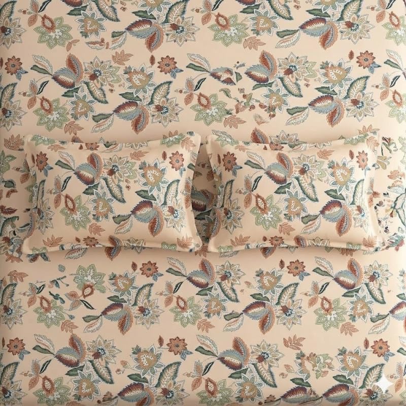 Image of Cotton Bolls Textiles Glace Cotton Fitted Bedsheet 72x72x6 Inch with 2 Pillow Covers - Soft Breathable Fabric, Elastic All Around, Printed Bedding for Double Bed