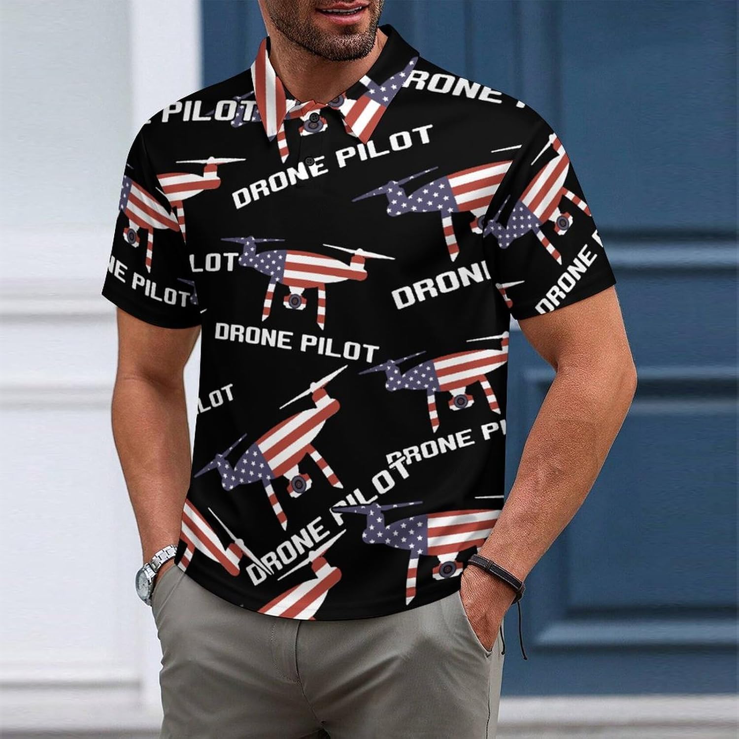 U.S.A. Flag Drone Pilot Mens Polo Shirt Short Sleeve Top Tee Casual T-Shirt