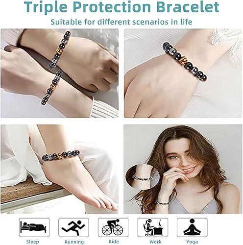 Miniatura 7 de Pulsera de triple protección de cristal curativo de obsidiana ojo de tigre 0315in amarillo rojo y morado para mujeres y hombres pulsera de hematita