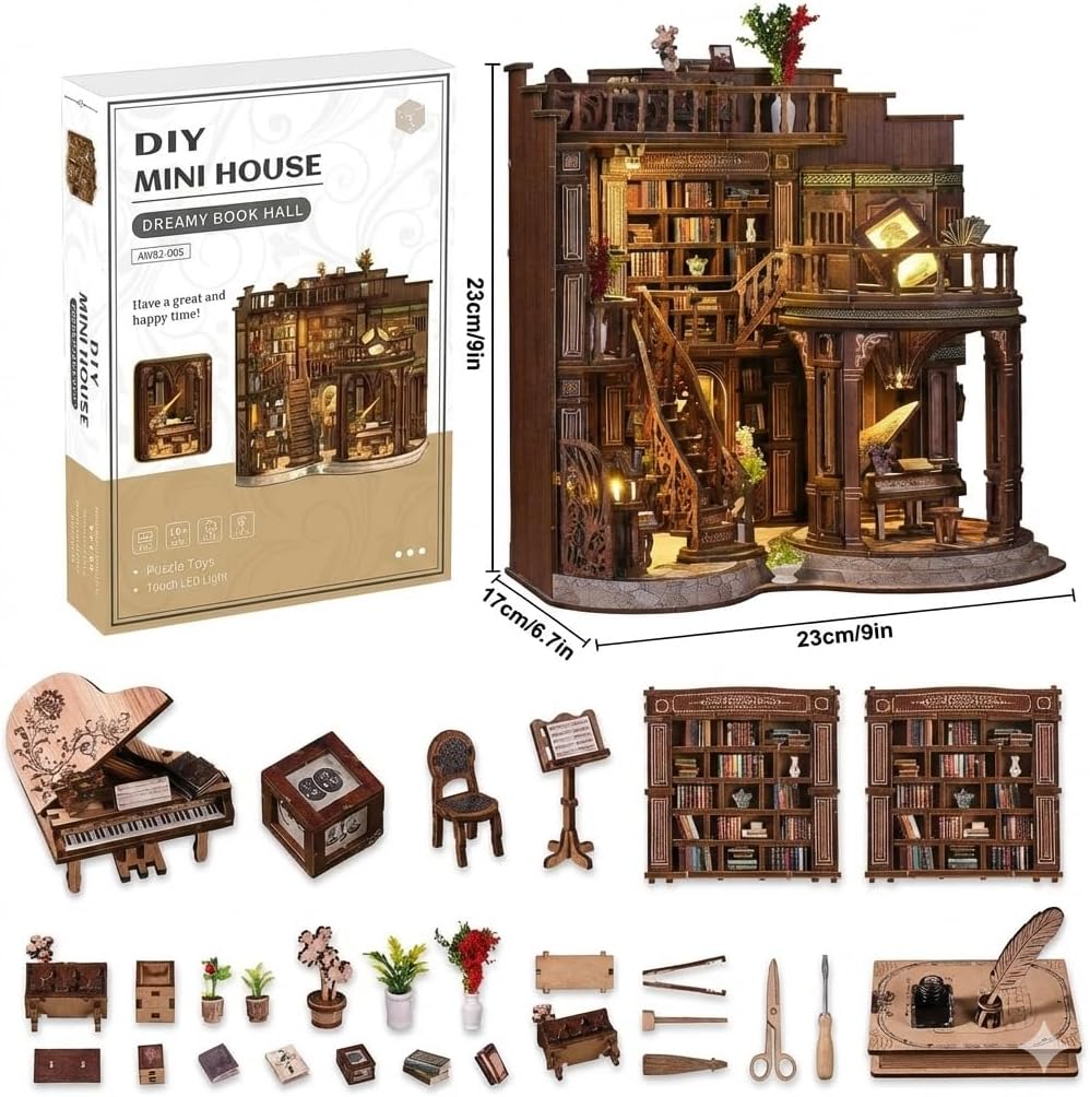Dreamy Book Hall Book Nook Kit – DIY 3D Wooden Bookshelf Insert with LED Lights, 888-Piece Miniature Puzzle for Adults & Teens