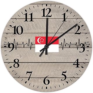 Heartbeat Singapore National Flag Wooden Clock 10 Inch, Festival Celebrations Table Clock Battery Operated Silent Round Arabic Numeral Clock for Living Room Bedroom Kitchen Farmhouse Decor