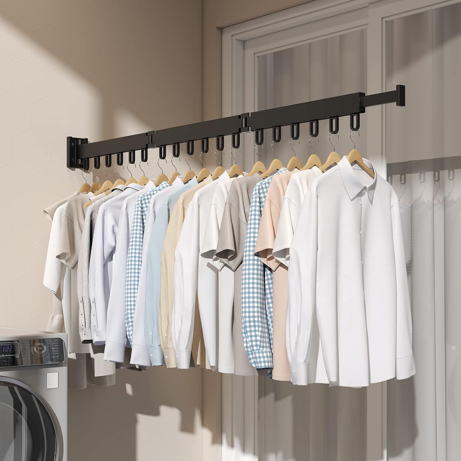 Clothes Drying Rack,Retractable Collapsible-Tri Folding Space Saver Wall Mount Drying Rack for Laundry Room/Bathroom/Window,Black