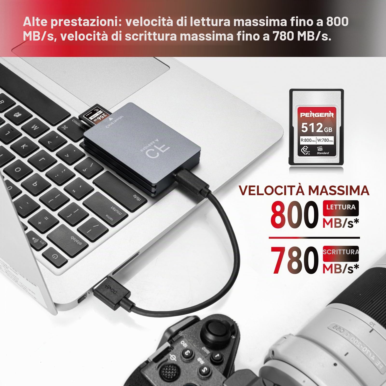 Pergear 512GB CFexpress tipo A da Scheda di Memoria, Velocità di Lettura Fino a 800 MB/s e Velocità di Scrittura 780 MB/s per Registrazione 4K 120P, 8K 30P, (Serie Standard)