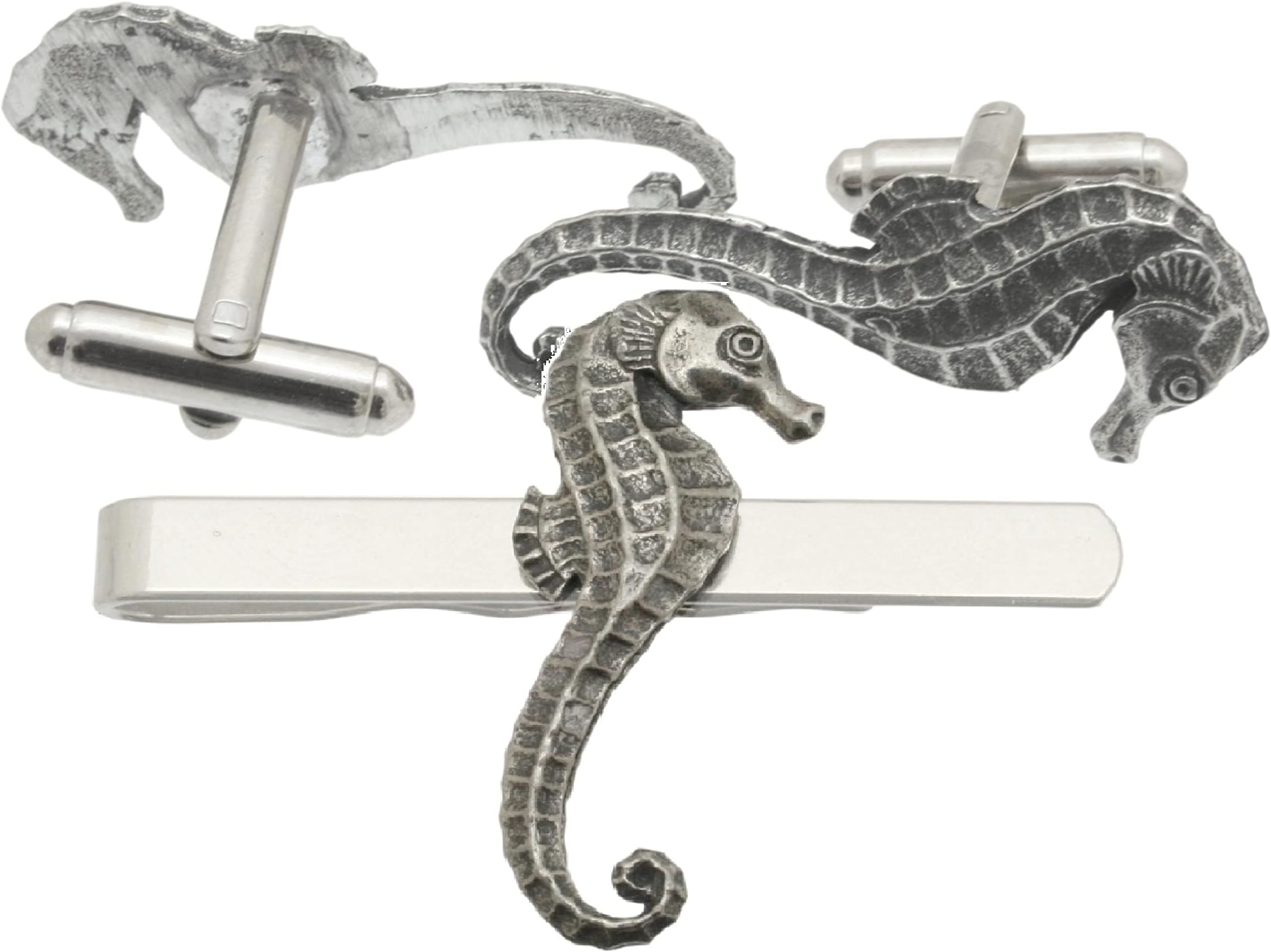 Sea Horse Pewter Cufflinks & Tie Bar Set Wedding Jewellery Novelty Gift Boxed TBC 316
