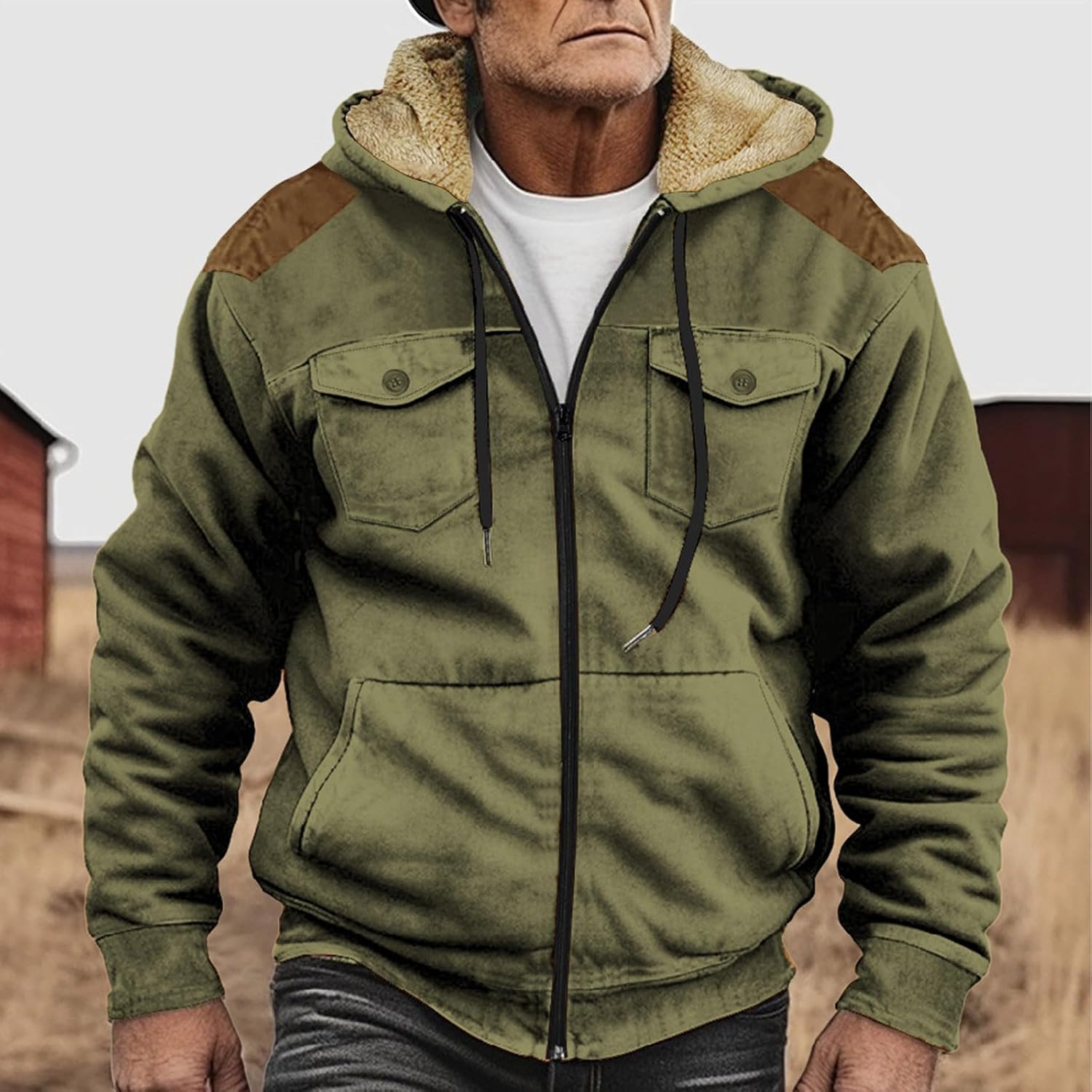 Men Fleece Jacket Vintage Sherpa Lined Cargo Hooded Jackets Winter Warm Long Sleeve Full Zip Hoodies with Pockets