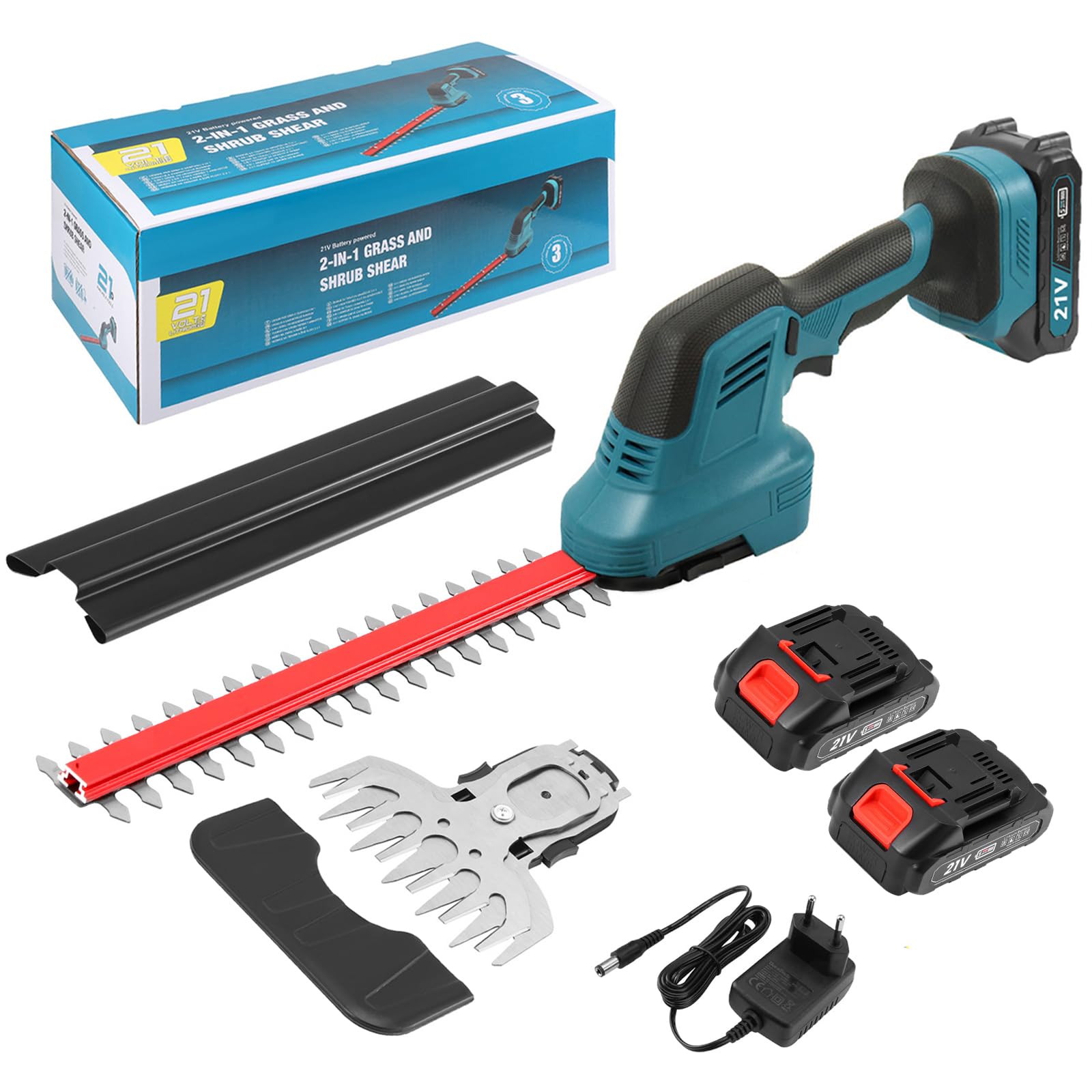 2 en 1 Taille-Haies sans Fil 21V, Cisaille à Gazon Electrique avec Batterie 2 x 1500mAh et 2 Lames, Lame Longue 31 cm/Lame Courte 15 cm, pour Jardin, Pelouse, Arbustes,Gazon